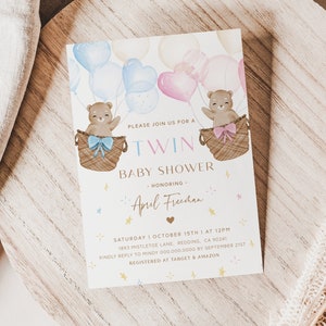 Hot Air Balloon Baby Shower Invitation. Twin Boy and Girl. Teddy Bear Baby Shower Invite. Twins Blue and Pink Editable Instant Template. B8