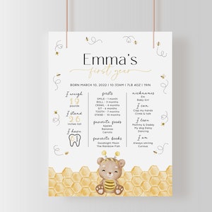 Bear Bee Birthday My First Year Milestone Board. Honey Bee 1st Birthday Poster Milestone Sign. Custom Party Digital Girl Boy Theme Ideas. J5