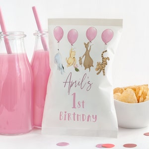 Winnie the Pooh First Birthday Girl Decor. Pooh 1st Birthday Chip Bag Label. Pink Birthday Decorations. Pooh and Friends on Balloons. B3