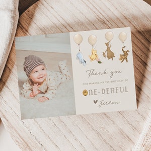 Winnie the Pooh Onderful Birthday Card. Classic Pooh Thank You Card with Photo. Vintage Winnie Thank You 1st Birthday Greetings Card. B2