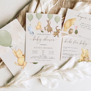 May include: A Winnie the Pooh themed baby shower invitation with green balloons, a Winnie the Pooh character holding a balloon, and the text "Please join us for a baby shower honoring Alesha Freeman, October 15, 2022, The Little House, One Whistle Lane, RSVP by September 1st, Designed by Target & Amazon".
