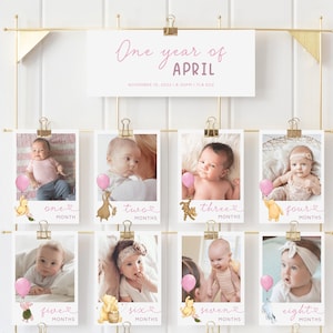 Winnie the Pooh 1st Birthday Banner. Girls First Birthday Photo Display Classic Pooh Party Custom 12 Monthly Baby Photo Collage Milestone B3
