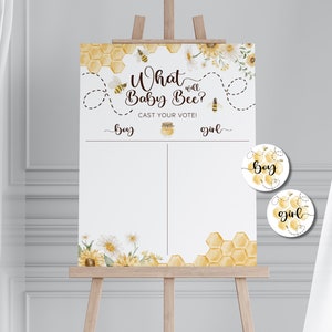 was wird es Bee Zeichen. Voting Schilder für Mädchen oder Jungen. Geschlecht offenbaren Spiel. Biene Baby Shower Poster. Errate die Gender Ideen für Gender Reveals. B1
