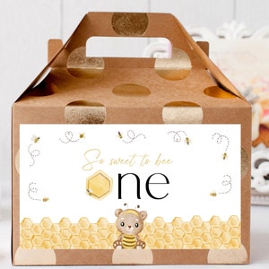 Étiquettes imprimables pour boîte à pignon One Bee pour fille. Cadeaux d&#39;anniversaire Sweet to Bee One. Idées de souvenirs de fête. Modèle numérique de bourdon. J5