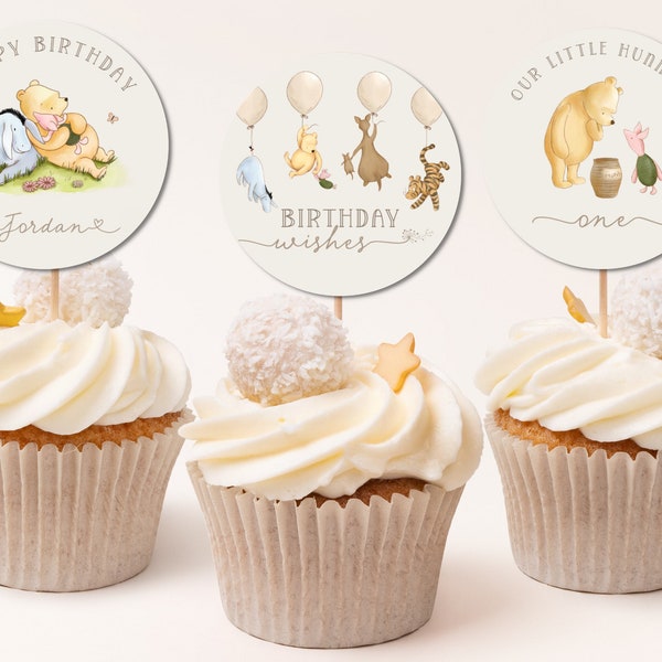 Individuelle Cupcake-Topper zum 1. Geburtstag von Pooh. Klassische Winnie the Pooh Partygeschenke zum ersten Geburtstag. Druckbare Kuchen-Picks, geschlechtsneutrales Dekor. B2