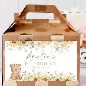 EDITABLE Teddy Bear First Birthday Gable Box Labels. Girl's One Party Favors. Boho Sunflower Printable Souvenir Ideas. Digital Templates. H1