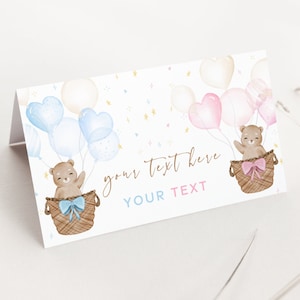 Teddy Bear Table Name Card. Gender Reveal Place Card. Pink & Blue Food Labels. Brown Teddy in Hot Air Balloons. Custom Party Decorations. T1