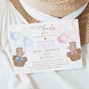 We can Bearly Wait Twin Baby Shower Invitation. Hot Air Balloon Baby Shower Invitation. Editable Teddy Bear Invite for Boy and Girl Twins B8