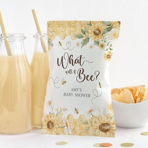 PRINTABLE Honey Bee Favors. Bumble Bees Chip Bag Label. Girl Boy Baby Shower Gender Reveal Party Decor. Editable Instant Digital Download B1