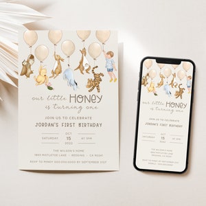 Classic Winnie the Pooh Birthday Invite. Neutral Bear Balloons 1st Birthday. Digital Evite Mobile Electronic Birthday Party Invitations. B2