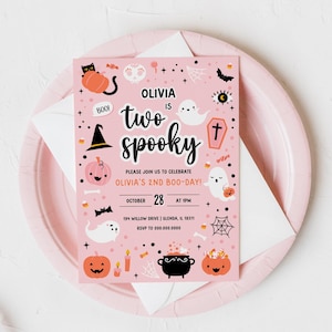 Two Spooky Invite Editable Girl Halloween 2nd Birthday Invitation. Printable DIY Cute Pink Ghost Party Second Boo Day Spooktacular Theme H9