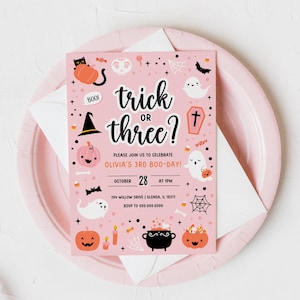 Editable Trick Or Three Halloween Girl 3rd Birthday Party Invitation. Pink Cute Ghost Invite Third Birthday Spooktacular Instant Download H9