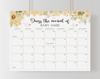 May include: A printable baby shower game with a yellow and white honeycomb pattern and sunflowers. The game is called "Guess the arrival of Baby Jamie" and features a calendar with the month of April and May.