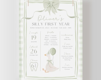 One Silly Goose Milestone Board Printable Sage Green Coquette First Year Milestone Sign Gender Neutral 1st Birthday Gingham Party Decor G8