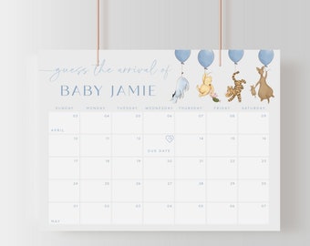 Winnie the Pooh Baby Due Date Calendar Game. Classic Pooh Boy Baby Shower Games. Guess Baby's Birth Date. Editable Baby Prediction Games. B9