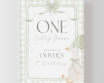 One Silly Goose Welcome Sign. Sage Green Coquette 1st Birthday Sign Gender Neutral Gingham Party Decor Baby Spring Theme Canva Template G8