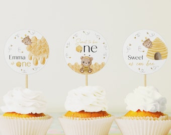 1st Bee-Day Birthday Cupcake Topper. First Bee Birthday Favors. Printable Baby Honey Bee Decor. Custom Sweet to Bee One Party Decoration. J5