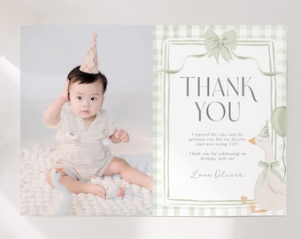 One Silly Goose Thank You Note Card. Editable Silly Little Goose Card With Photo 1st Birthday Sage Green Bow Gingham First Party Coquette G8