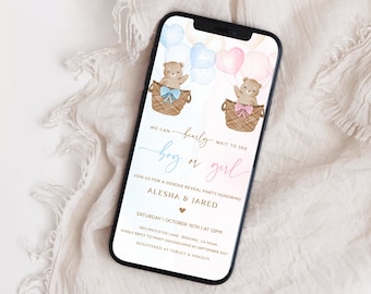 Teddy Bear Gender Reveal Evite. Watercolor We can Bearly Wait Invitation. Smartphone Invite Gender Reveal. Guess the Gender Bear Party. T1