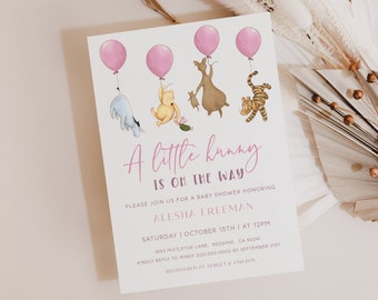 Editable Vintage Winnie The Pooh Baby Shower Invitation Girl. Classic Pooh Bear Party. Pink Balloons Instant Download. Printable Template G1