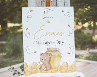 Editable Bee 4th Birthday Decor Custom Welcome Sign. Baby Bear Party Honey Bee Day Decoration Instant Download Digital Printable Template J5