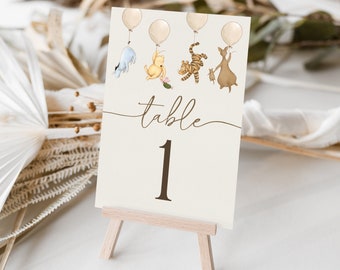 Vintage Winnie the Pooh Table Numbers. Gender Neutral Baby Shower Table Decorations. Boy OR Girl Pooh Bear Balloons Editable Printable N1 B2