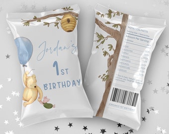 Pooh 1st Birthday Chip Bag. Winnie the Pooh First Birthday Boy Decorations. Pooh and Piglet Blue Themed Customizable Printable Template. B4