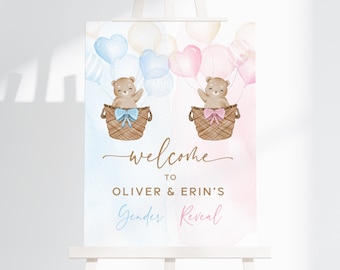 Teddy Bear Gender Reveal Decorations. Hot Air Balloon Sign. Boy or Girl Welcome Sign. Custom Party Signage. He or She Editable Template. T1