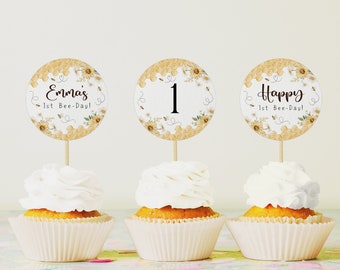 First Bee-Day Birthday Cupcake Topper. 1st Bee Birthday Favors. Printable Baby Honey Bee Decor. Custom Sweet to Bee One Party Decoration. B5