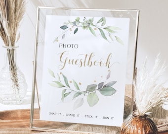 Greenery Photo Guestbook Sign. Gender Neutral Baby Shower Signs. Garden Signage. Gold Digital Download. Editable & Printable Decoration. H6