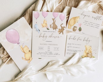 Vintage Pooh Pink Baby Shower Invites. Classic Winnie the Pooh Invitation Set. Boho Girl Themed Party Supplies. Digital Editable Template N1