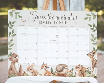 May include: A white calendar with a green leafy border and woodland animal illustrations. The calendar is for guessing the arrival of Baby Jamie. The due date is marked with a heart.