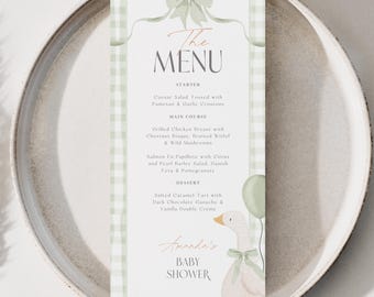 Silly Goose Baby Shower Menu Template Mother Goose Printable Dinner Menu Cards Gender Neutral Digital Green Bow Gingham Coquette Theme O1