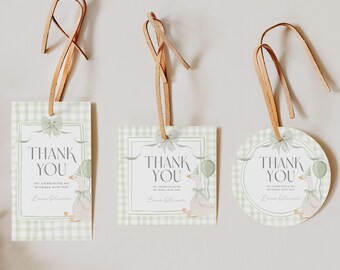 One Silly Goose Thank You Tag Printable Vintage Goose Favor Tag Sage Green Bow Gift Tag Coquette Gingham 1st Birthday Theme Party Sticker G8