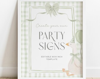 Silly Goose Custom Party Sign. Printable Little Goose Table Sign Sage Green Bow Coquette Birthday Party Decor Digital Gingham Baby Shower G8