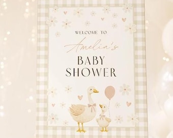 Mother Goose Baby Shower Welcome Sign. Gender Neutral Gingham Goose Sign. Printable Little Goose On The Loose Boy Girl Theme Decorations. G4