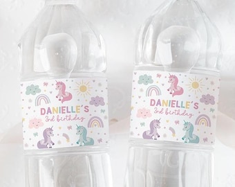 Unicorn 3rd Birthday Favors. Magical Unicorn Water Bottle Label, Editable Rainbow Party Decor, Printable Labels for Birthday Celebrations Z4
