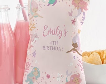 Mermaid Theme Chip Bag. Editable Party Favor. Under the Sea Decorations - Fun Kids Party Supplies Printables. Girl Birthday Celebration Z1