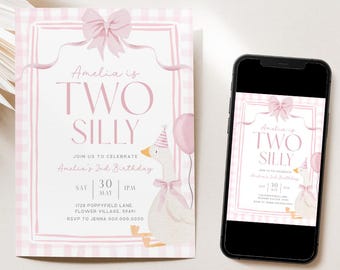 Silly Goose Invitation Two Editable Two Silly Goose Invite Girls 2nd Birthday Pink Gingham Second Party Coquette Bow Theme Canva Template G7