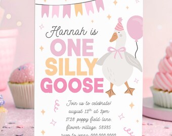 Silly Goose Is Turning One Invitation Editable 1 Silly Goose Invite Pink Baby Girl 1st Birthday First Party Theme Canva Template Digital Q2