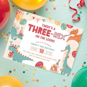 Three Rex Invitation Boy. Dinosaur 3rd Birthday Invite. Printable Dino Third Birthday. Modern Kids T-Rex Party. Editable Digital Download D4