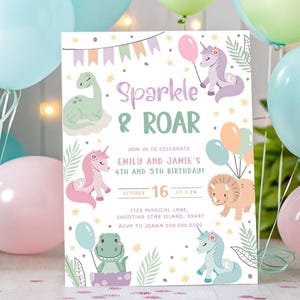 Unicorn and Dinosaur Invitations. Editable Digital Template. Instant Download. Sibling Joint Party. Dual Boy Girl Double Birthday Theme. D1