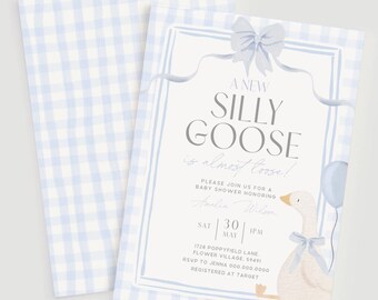 Silly Goose Baby Shower Invite Boys Blue Gingham Little Goose On The Loose Invitation Printable Coquette Bow Spring Geese Party Canva O3