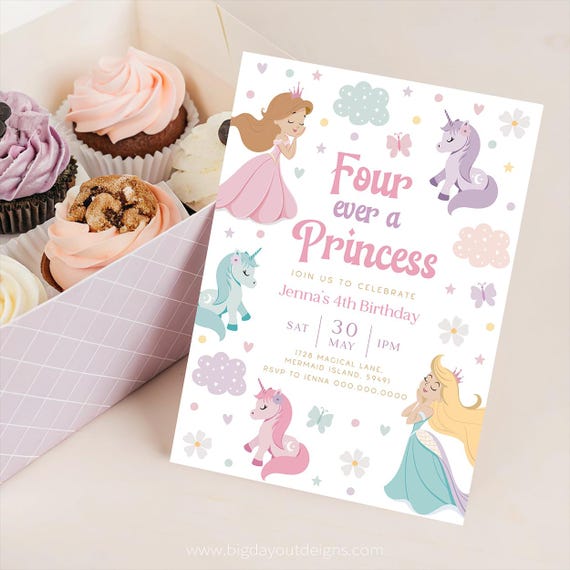 Four Ever Princess Invite. Forever a Princess & Unicorn 4th Birthday Invitation Printable Girl Pink Fourth Party Theme. Canva Download P2