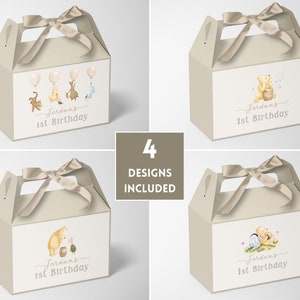 Classic Pooh Gable Box Labels. Neutral Winnie the Pooh 1st Birthday Favors. Party Souvenir Ideas. First Birthday Giveaways for Gable Box. B2