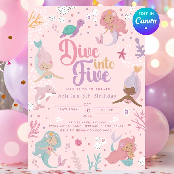 Dive Into Five Mermaid Invitation - Pink Girl 5th Birthday Invite - Editable Template - Pastel Under the Sea Theme - Instant Download Z1