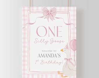 One Silly Goose Welcome Sign. Custom Pink Coquette 1st Birthday Sign Girl Gingham Party Decor. Editable Baby Spring Theme Canva Template G7