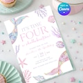 Editable Four Birthday Invitations Mermaid Tail Fourth Girls Summer 4th Birthday Shellabration Invite Pastel Purple Theme Digital Canva Z8