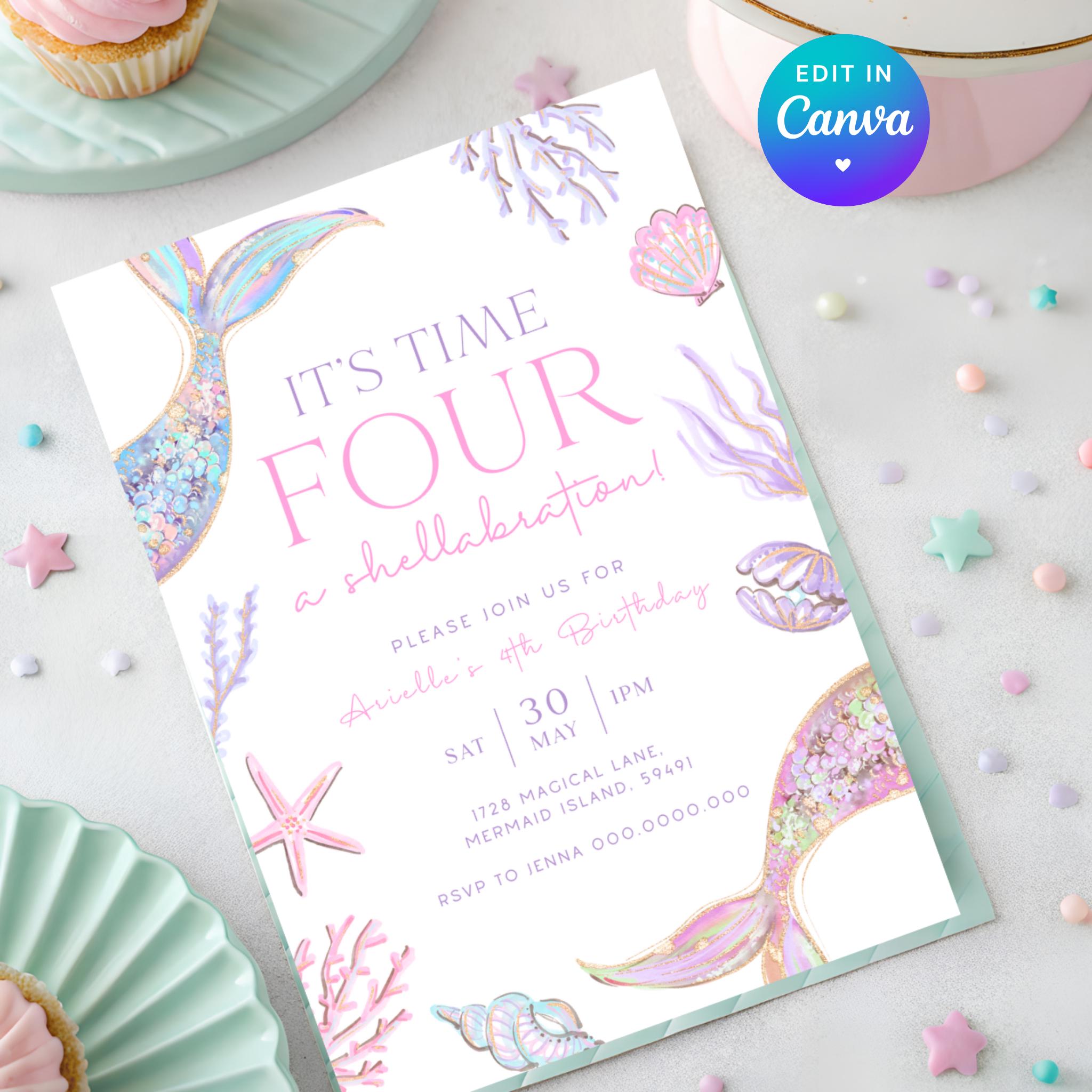 Editable Four Birthday Invitations Mermaid Tail Fourth Girls Summer 4th ...