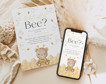 Editable What will Baby Bee Invitation. Coed Gender Reveal/Baby Shower Invites. Digital Download Baby Sprinkle Honey Bee Couples Evite. J1